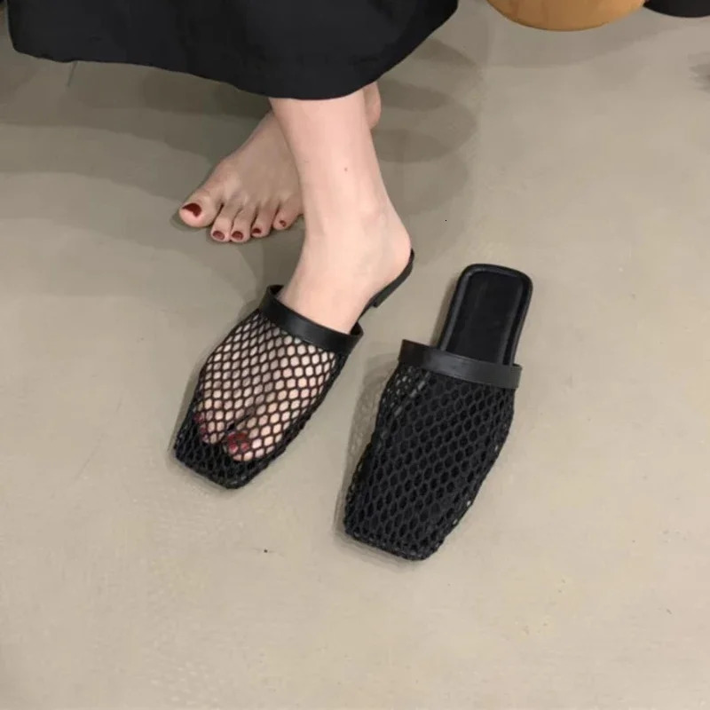 Womens Slippers Flat Sole Large Mesh Upper Square Toe Womens Mules Dress Daily Commute Roman Cover Toe Zapatillas De Mujer 250411