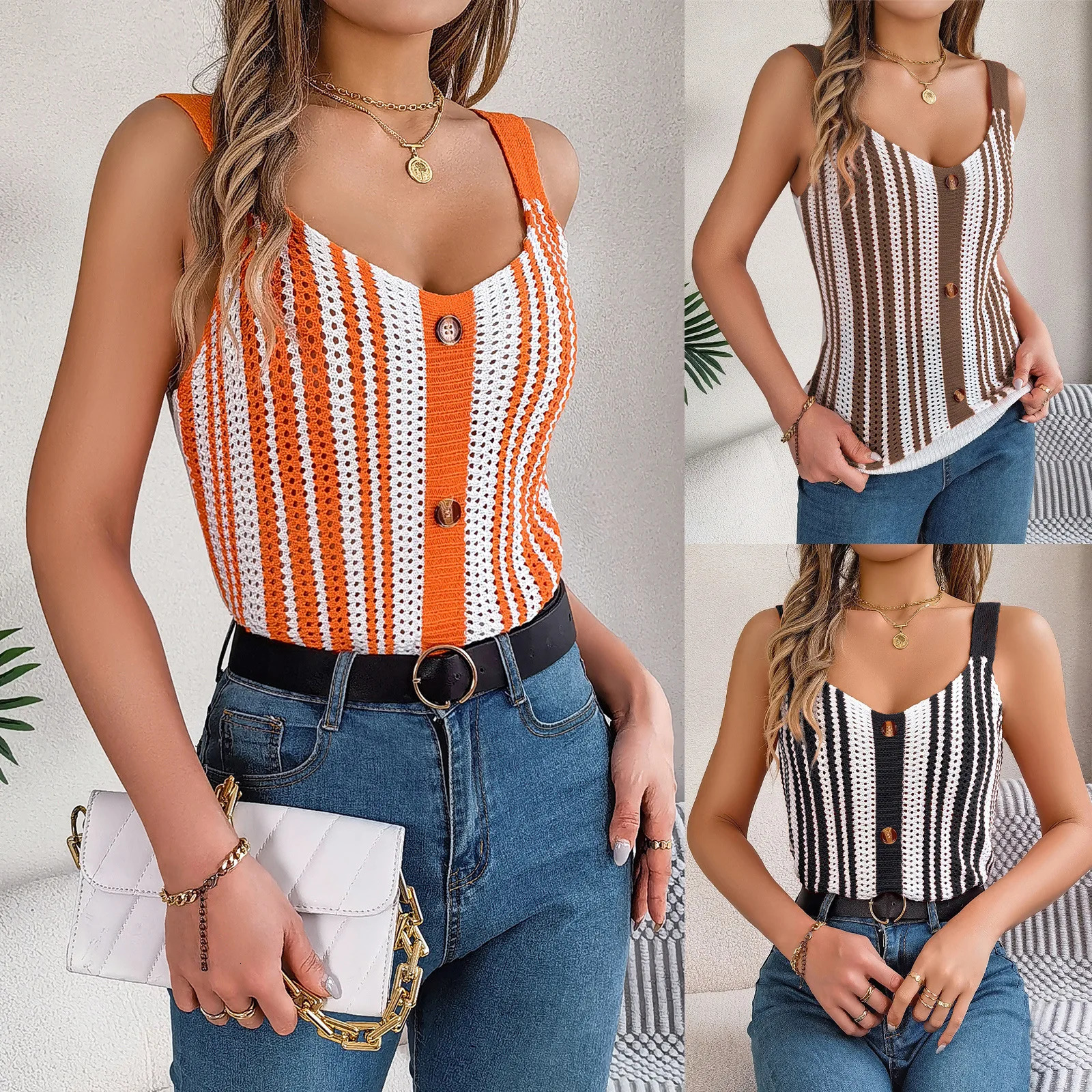 Summer Womens Camisole Stripe V-neck Button-contrast Hollow Ladies Tank Tops Womens Knit Halter Top Sexy Summer Womens Tops 250415