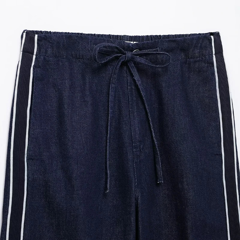 Willshela Womens Fashion Blue Lace Front Zipper Straight Pants Retro High Waist Full Length Trouser 250414Z