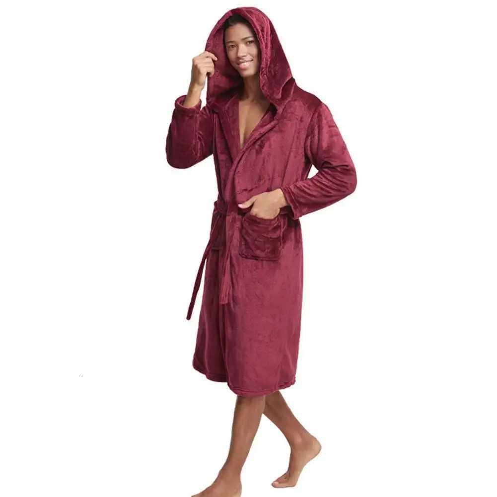 Flannel Robe with Waist Tie Mens Hooded Flannel Bathrobe with Pockets Long Sleeve Loungewear Robe for Quick-drying Comfort C251115