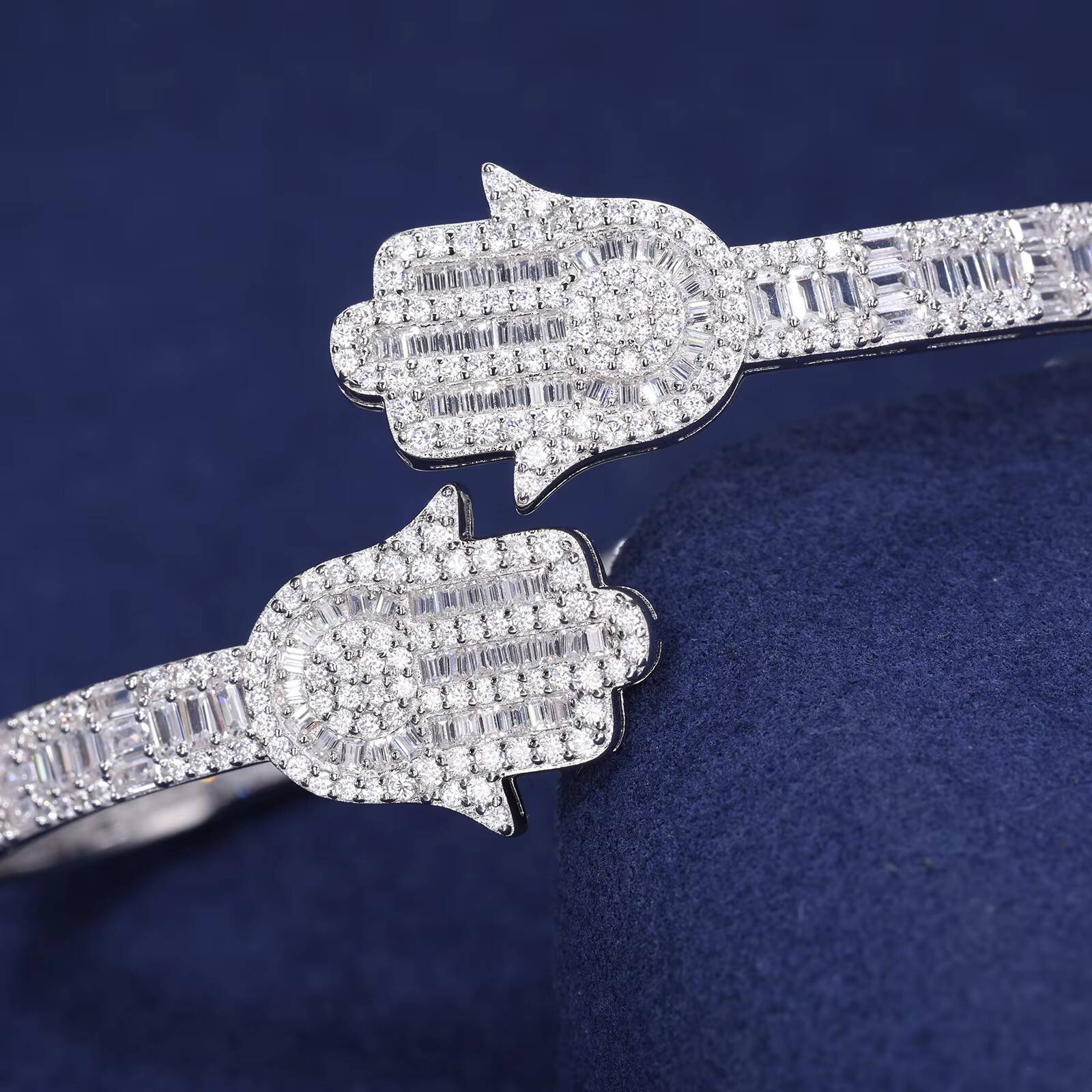 High Quality Hip Hop Jewelry 925 Sterling Silver Hamsa Hand Cuff Bracelet VVS Baguette Moissanite Iced Out Bangle