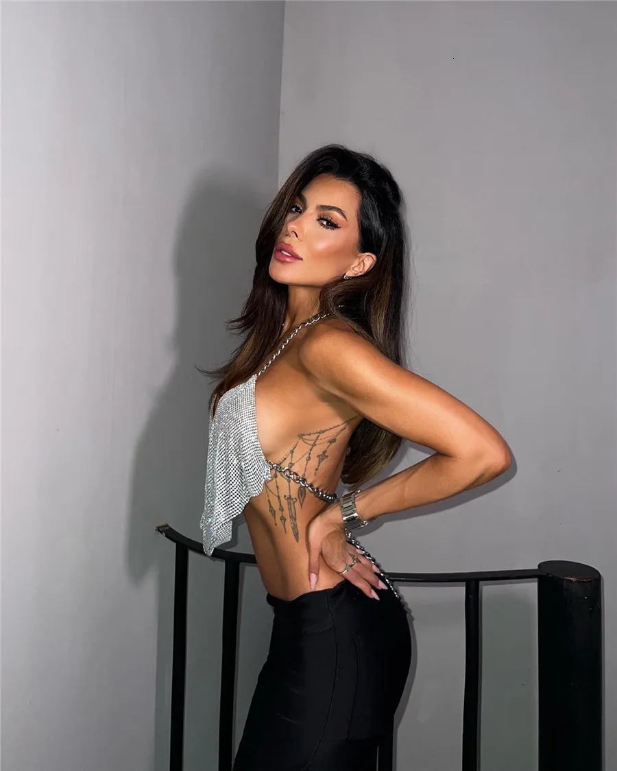 gemstone n womens tank top summer backless deep Vneck pendant neck crop 2024 vocal concert night girl costume 250414