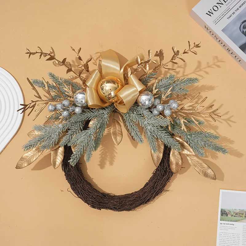 Christmas Wreath Pine Cones Snow Frost Pine Needles Golden Branches and Leaves Electroplated Ball Rattan Circle Door HangingM251115