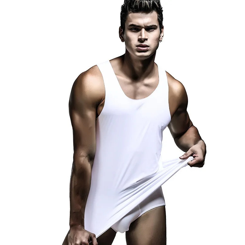 Ice Silk mens solid color vest top sexy Uneck sleeveless seamless youth elastic fitness casual underwear 250407