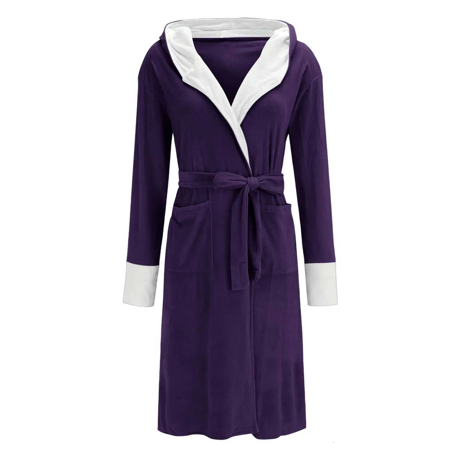 Womens Solid Color Winter Flannel Bathrobe Long-Length Pajama et With Pocket Thick Loungewear Robe Belt Homewear Bathrobe C251115