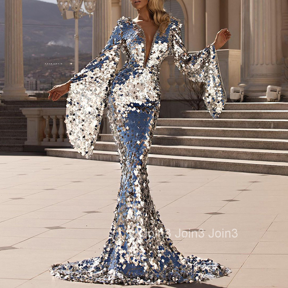 2025 New Womens Dress Sexy Glitter Silver Banquet Dress with Hip Wrap Evening Dress