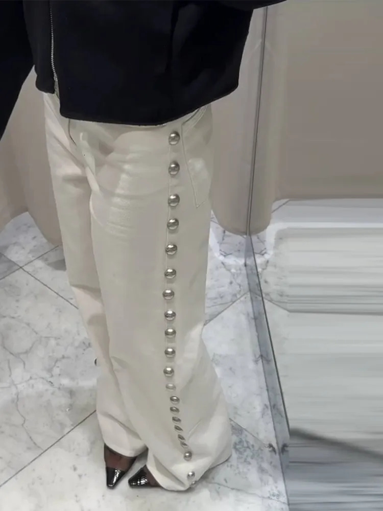 Fashionable womens side pearl decorated denim jeans high waist wide leg pants 2025 trend streetwear y mens style 250414