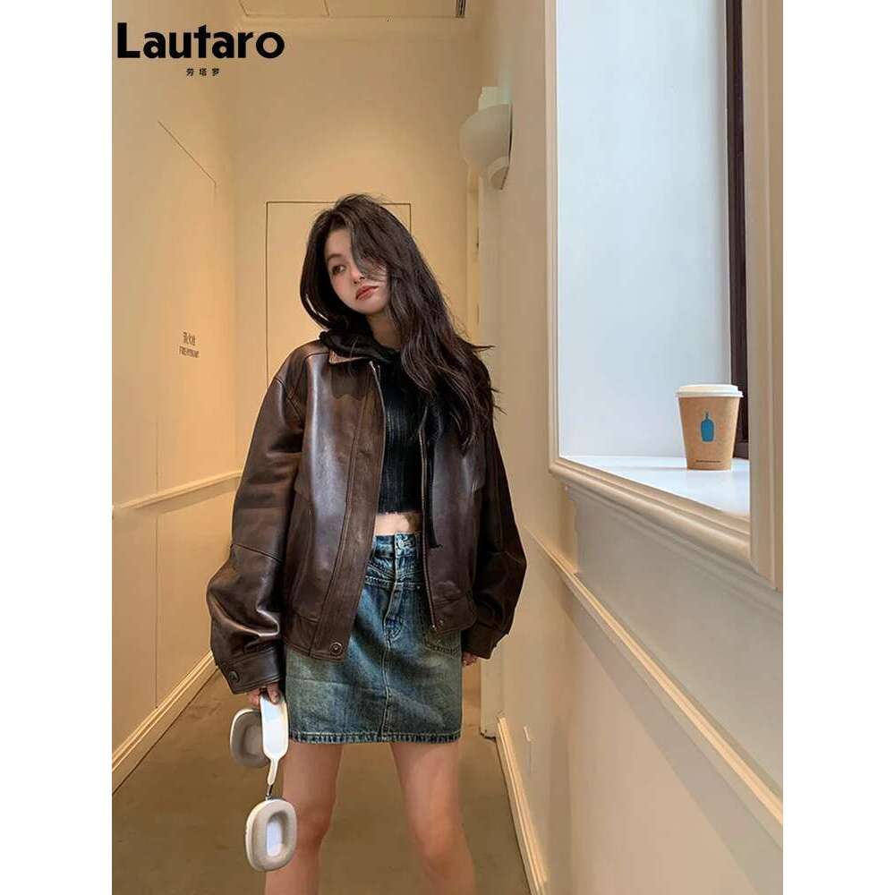 Designer Clothes Lautaro Spring Autumn Cool Retro Waterproof Distressed Brown Pu Leather Jackets For Women Zipper Maillard Style Clothes 2024