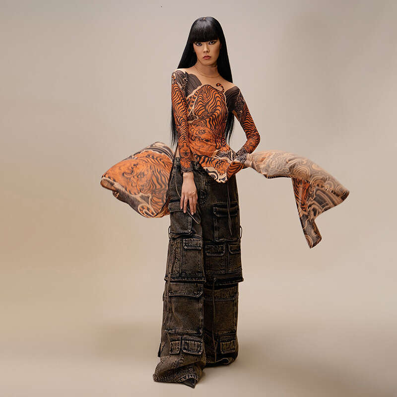 Women's Wear Spring New Women's Personalized Street Fashion Printed Mesh Half Collar High Fork Long Top