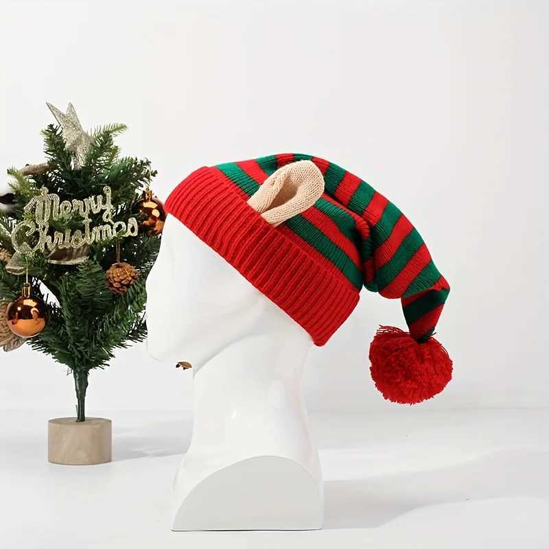 Christmas Striped Knitted Elf Hat with Ear Red Green/Red White Pom Beanie Festive Party Headwear for Women Men Christmas Y251115
