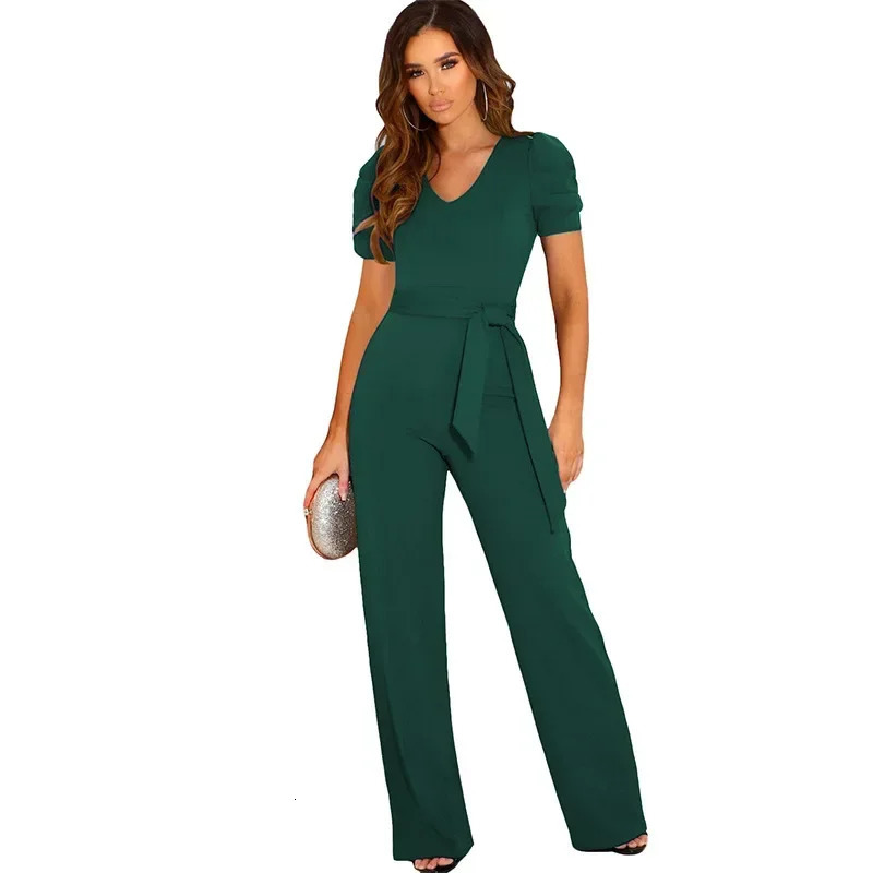 Summer Style Strap Waist Wrapped jumpsuit Womens Solid Color V-neck Short Sleeve Wide Leg Long Pants 250415