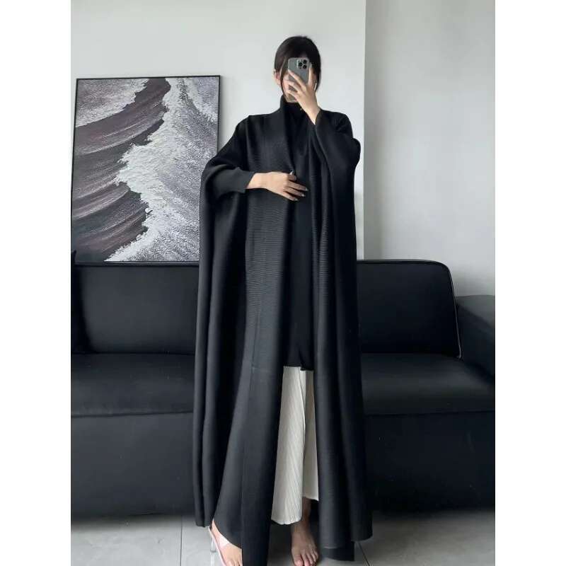 KAF Pleated Loose Large Size Women Trench Coat 2024 Spring And Fall New Lapel Long-Sleeved Cardigan Retro Design Jacket Abaya