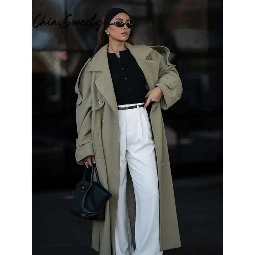 Designer Clothes Urban Solid Long Women Coat Casual Full Sleeve Belt Double Breasted Female Jacket 2024 Autumn Winter Lose Lady