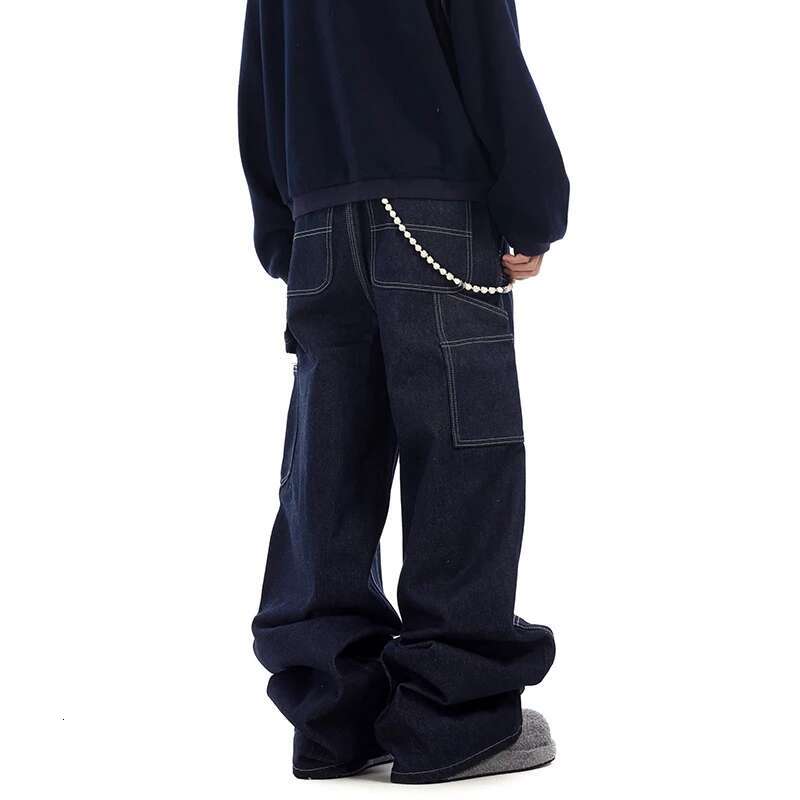 Niche Hip-Hop Dark Blue Denim Silhouette Baggy Jeans American Loose Wide-Legged Traig Pants Men's Trousers Tide 28W5905