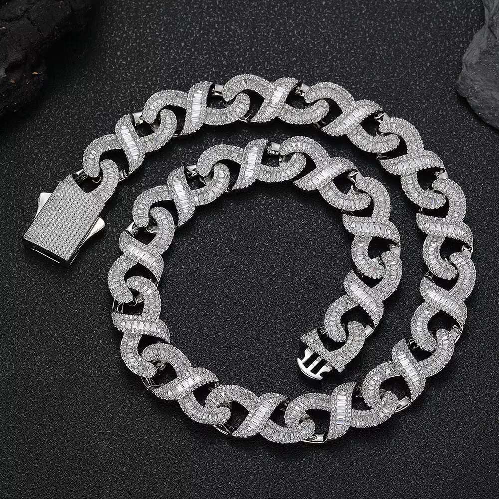 NUOYA 15mm Iced Baguetter Diamond Cuban Chain Necklace Infinite Sign Cuban Link Necklace for Women Fine Hip Hop Jewelry