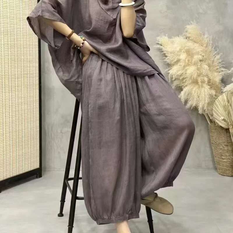 Ramie Women Large Size With Bat Sleeves V-Neck Cotton En T-Shirt Casual Lantern Pants Two-Piece Set For Autumn E5175
