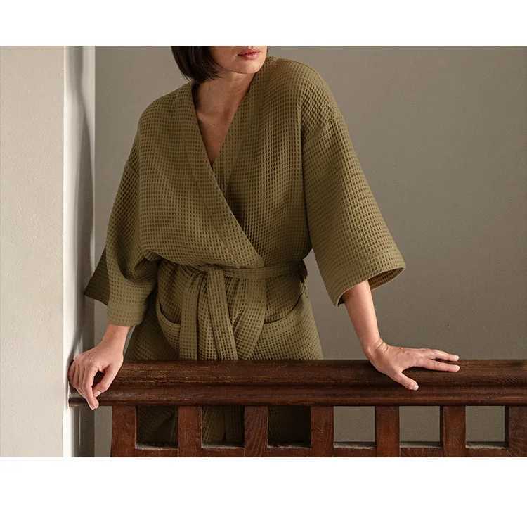 Cotton Waffle Night Robe Women Solid Knitted Elegant V Neck Pajamas with Belt Harajuku Bathrobe Night Wears for Women C251115