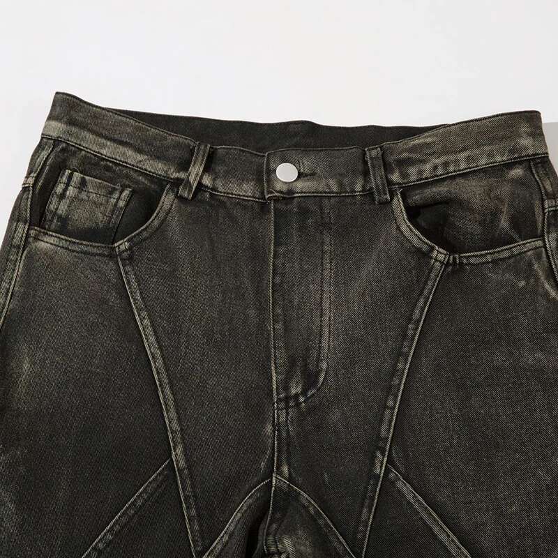 American Spliced Jeans Men's High Street Washed Split Design Denim Pants Loose Boot Cut Bottom 2025 Spring Chic New 28W4044