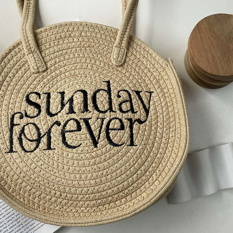 Handmade Beach Bag New Korean Version Niche Instagram Iuencer Shoulder Round Letter Grass Bag, Handmade Cotton Rope Woven Bag Kq2