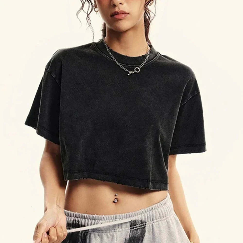 Solid Slim Washed T-Shirt Female Fashion Soft Cotton Streetwear Casual Sport Short Sleeve Cool Retro Crop Clothing For Women 250415
