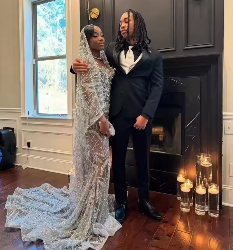 Vintage Silver Mermaid Prom Dresses With Veil Sparkle Formal Birthday Party Illusion Lace Evening Gown Customized 0203 F0207 D0306