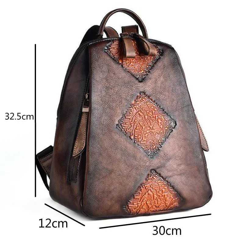Handmade Retro Embossed Floral Backpack For Women Genuine Cowhide Leather Fashion Women Bag Solid Color Muti-function BackpacksW251114