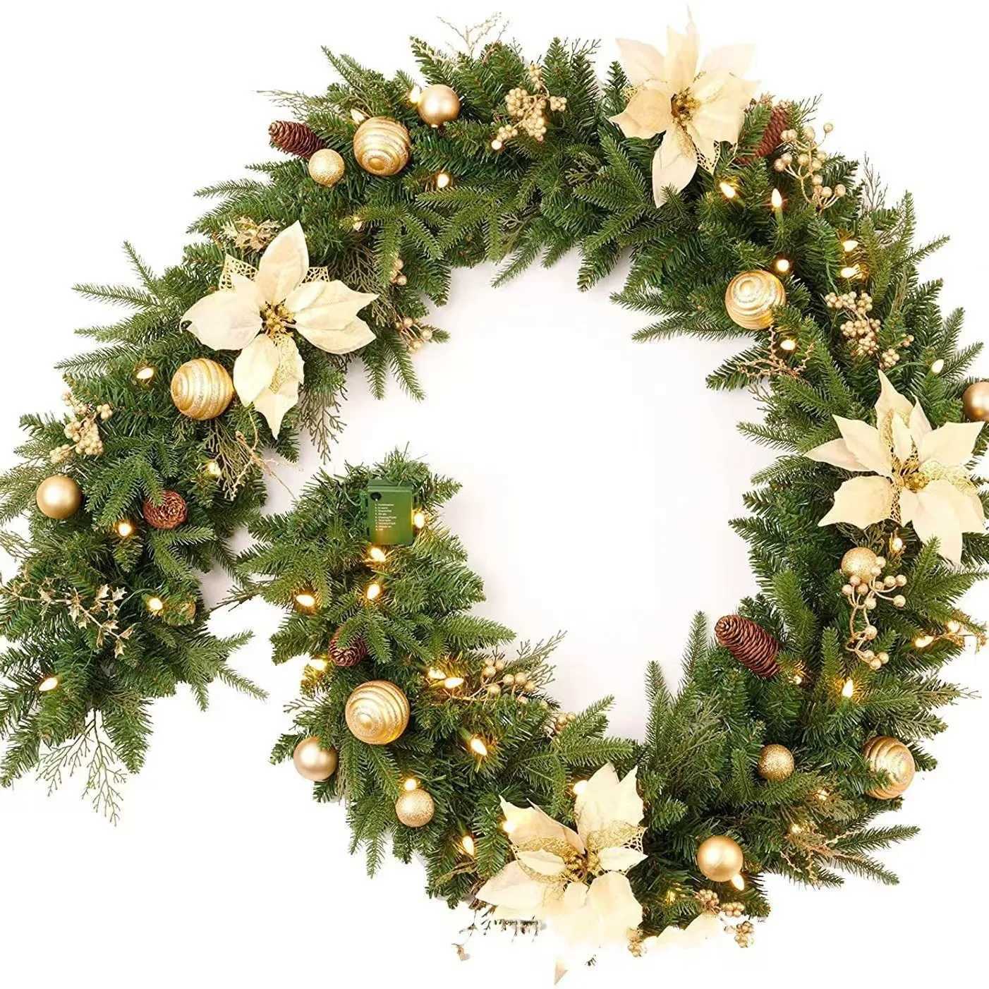 15/18/27m Christmas Rattan Christmas Ball Pinecone Garland With LED Light Festival Wreath For Fornt Door Christmas DecorationM251115