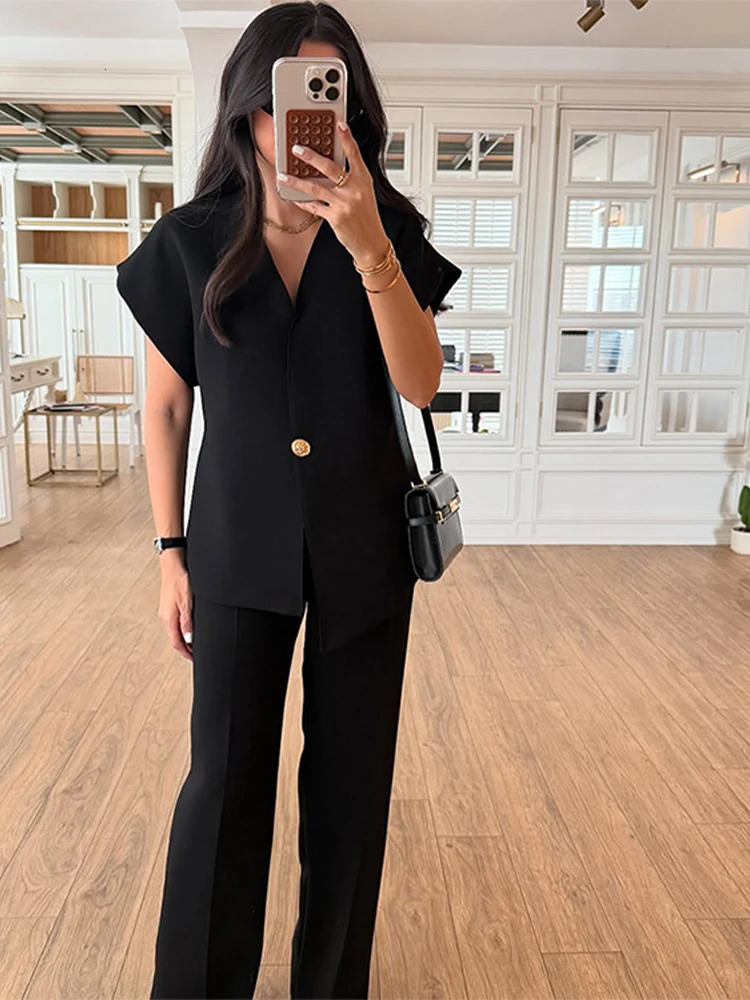 Casual Womens Trouser Set Single Button Jacket High Waist Wide Leg Pants Womens Set Spring/Summer 2-piece Set 250415