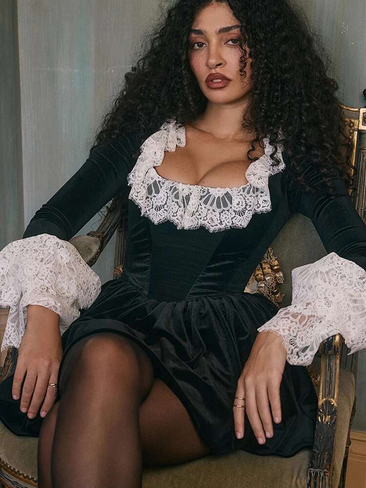 Mozision Lace Flare Long Sleeve Sexy Mini Women Black Fashion Square Collar High Waist Pleated Club Party Dress Elegant