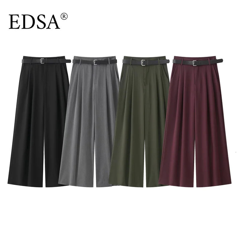 EDSA Womens Double Fold Tight Pants with Belt Loop Side Pocket Suitable for Office Zipper Fashion 250414Z