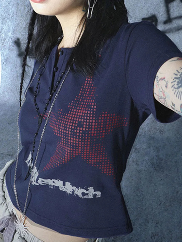 Harajuku Crop Top Japanese Style Star Pattern Round Neck Short Sleeve T Shirts Graphic Tee y2k Women Clothes Streetwear 250415