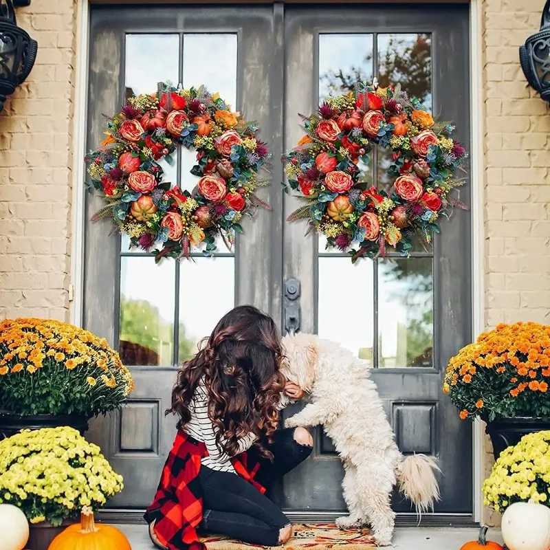 30/40cm Autumn Round Wreath Decorative Artificial Fall Halloween Pumpkin Wreath Festival Theme for Harvest Festival DecorM251115