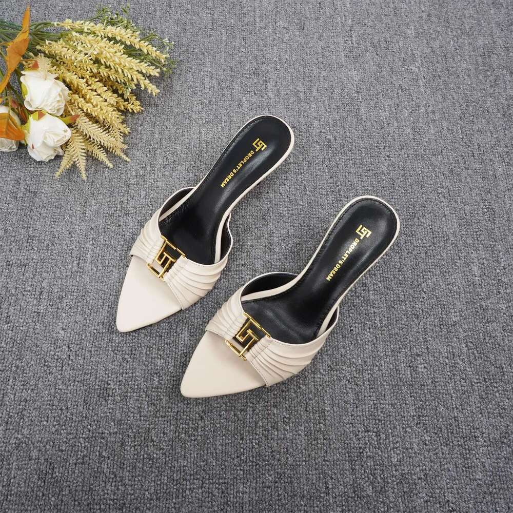 2024 Women's Summer New Pointed Fish Mouth High Heels Sexy Anti slip Outdoor Slippers GJ Metal Decorative Single Shoes