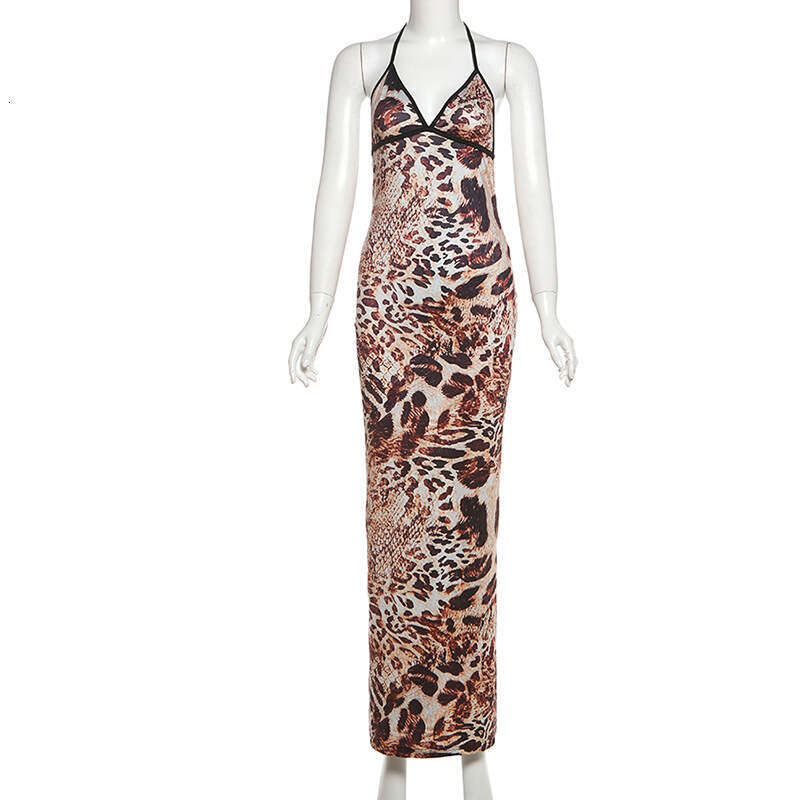 Women's Wear Spring/Summer New Women's Sexy Spicy Girl Leopard Print Hanging Neck Sleeveless Strap Back Long Dress