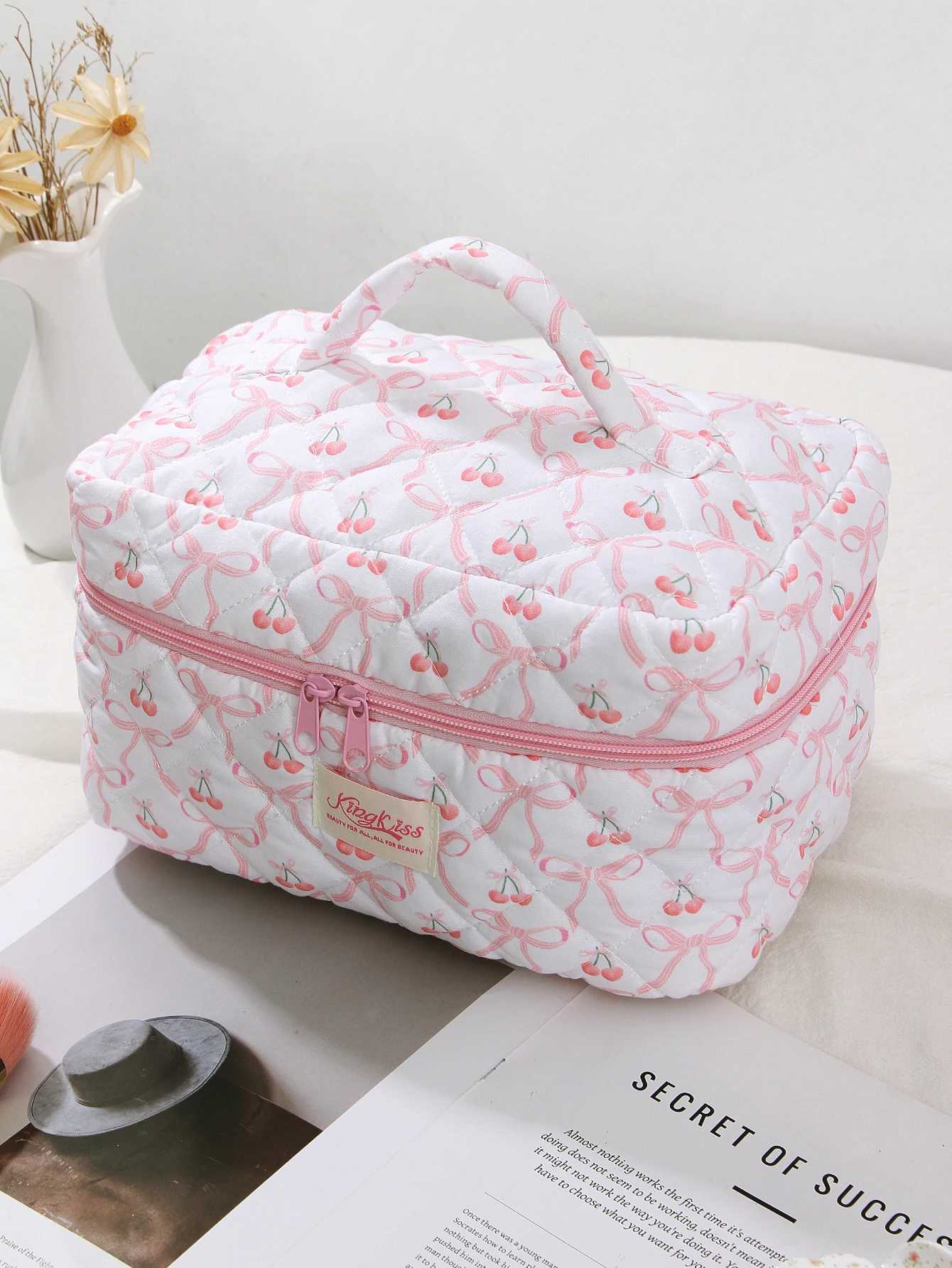 1 piece/set of pink bow tie and cherry print quilted large capacity makeup bag customizable portable makeup bag for girls travel makeup bagXJ250415
