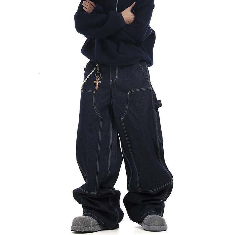 Niche Hip-Hop Dark Blue Denim Silhouette Baggy Jeans American Loose Wide-Legged Traig Pants Men's Trousers Tide 28W5905