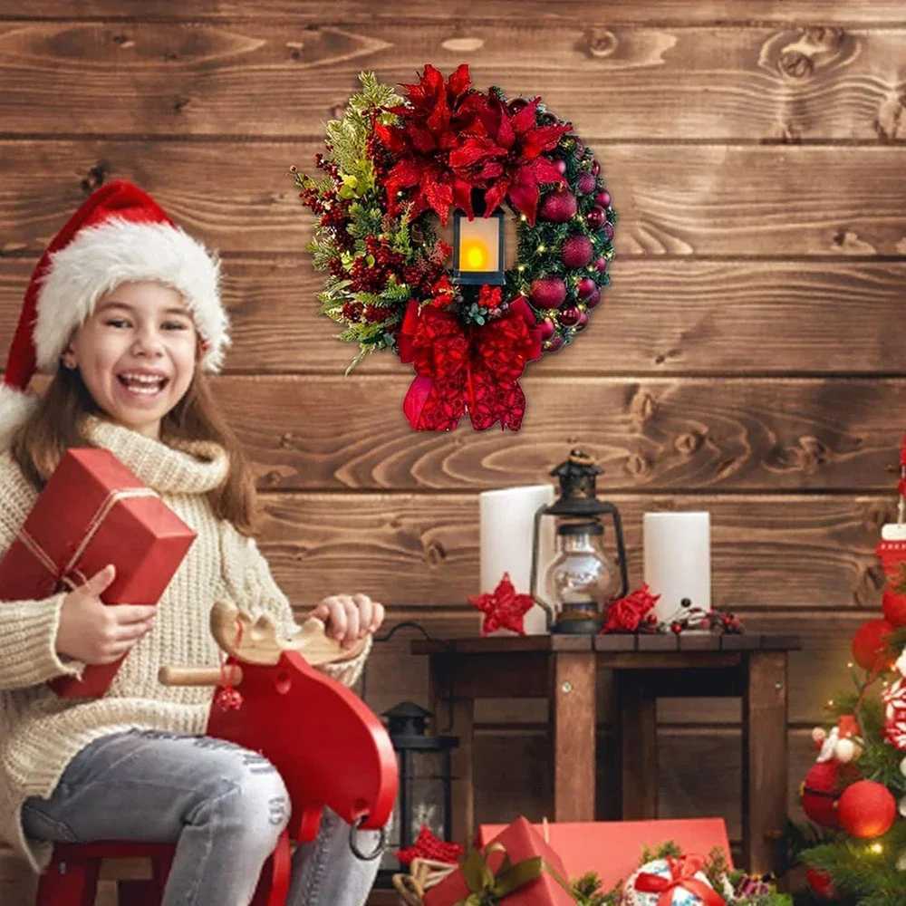 Christmas Wreath with Lamp Bow Ball Big Red Flower Navidad Party Wall Door Window Fireplace Staircase Balcony Garden Wreath 2026M251115