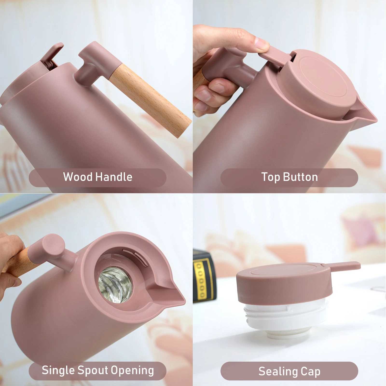 1L Thermal Coffee Carafe Double Walled Vacuum Coffee Pot Thermos Pot With Wood Handle Kettle Insulated Carafe Keeping Hot Cold Y251114