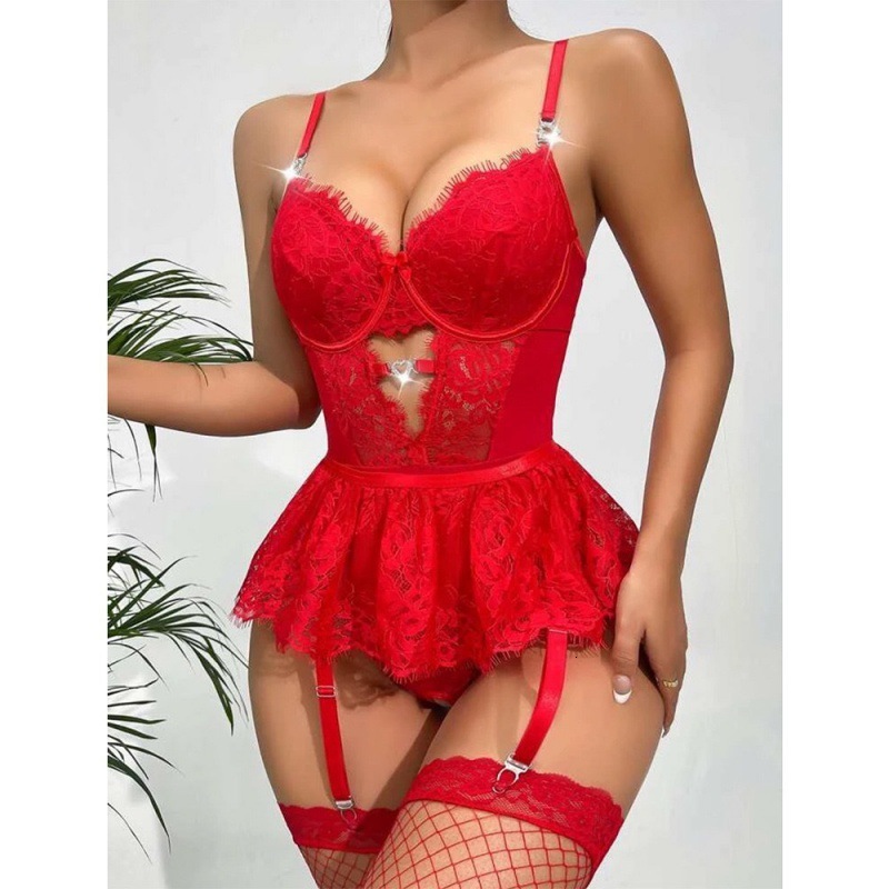 Designer's Sexy Pajama Set For Women's Pure Desire Style Lace Underwear With Hollow Heart Shaped Charm, One Piece Summer Pajama