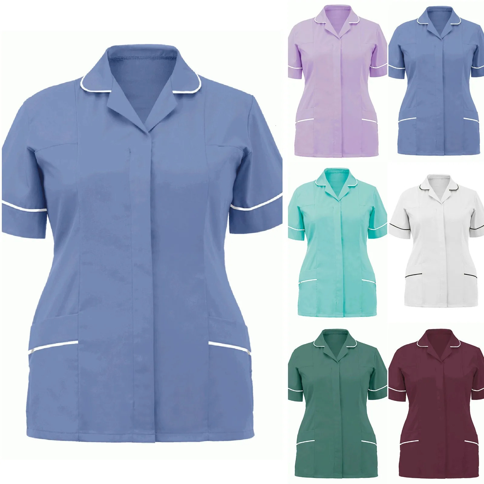 Women Nurses Tunic Uniform Clinic Carer Lapel Protective Clothing Tops Summer Ladies Plus Size Sexy Scrub Work Nurse Uniform 250415