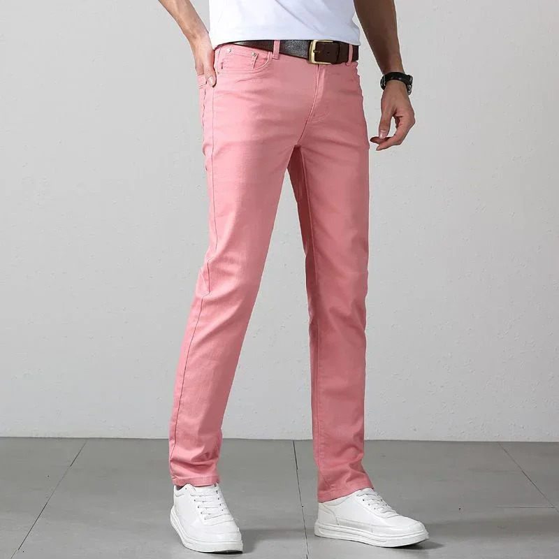 Mens denim pants color pink fashionable business casual classic Trouser mens ultrathin red straight leg 250414Z