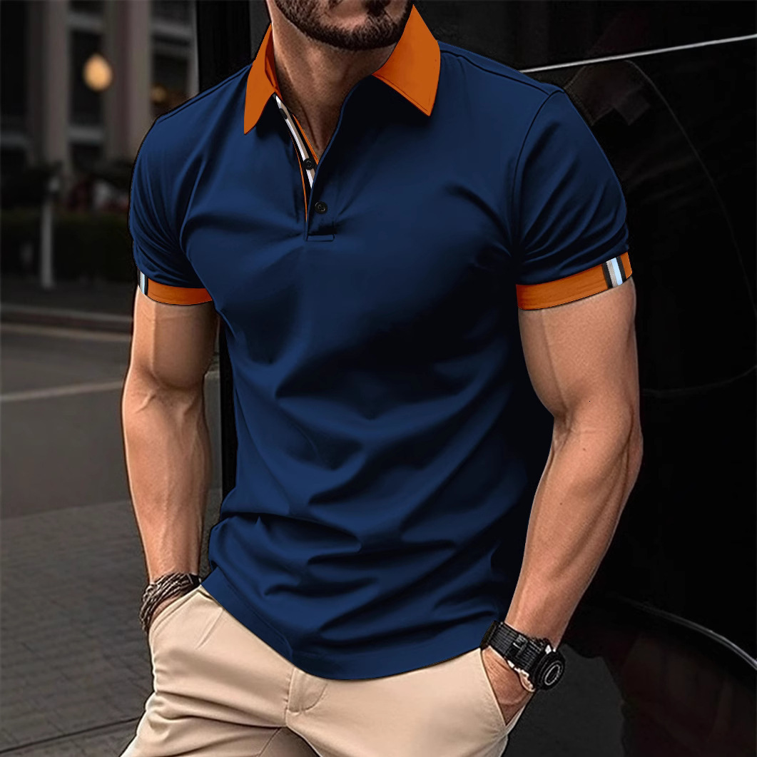 Summer new mens polo shirt casual sports solid color spliced ribbon lapel short sleeved top