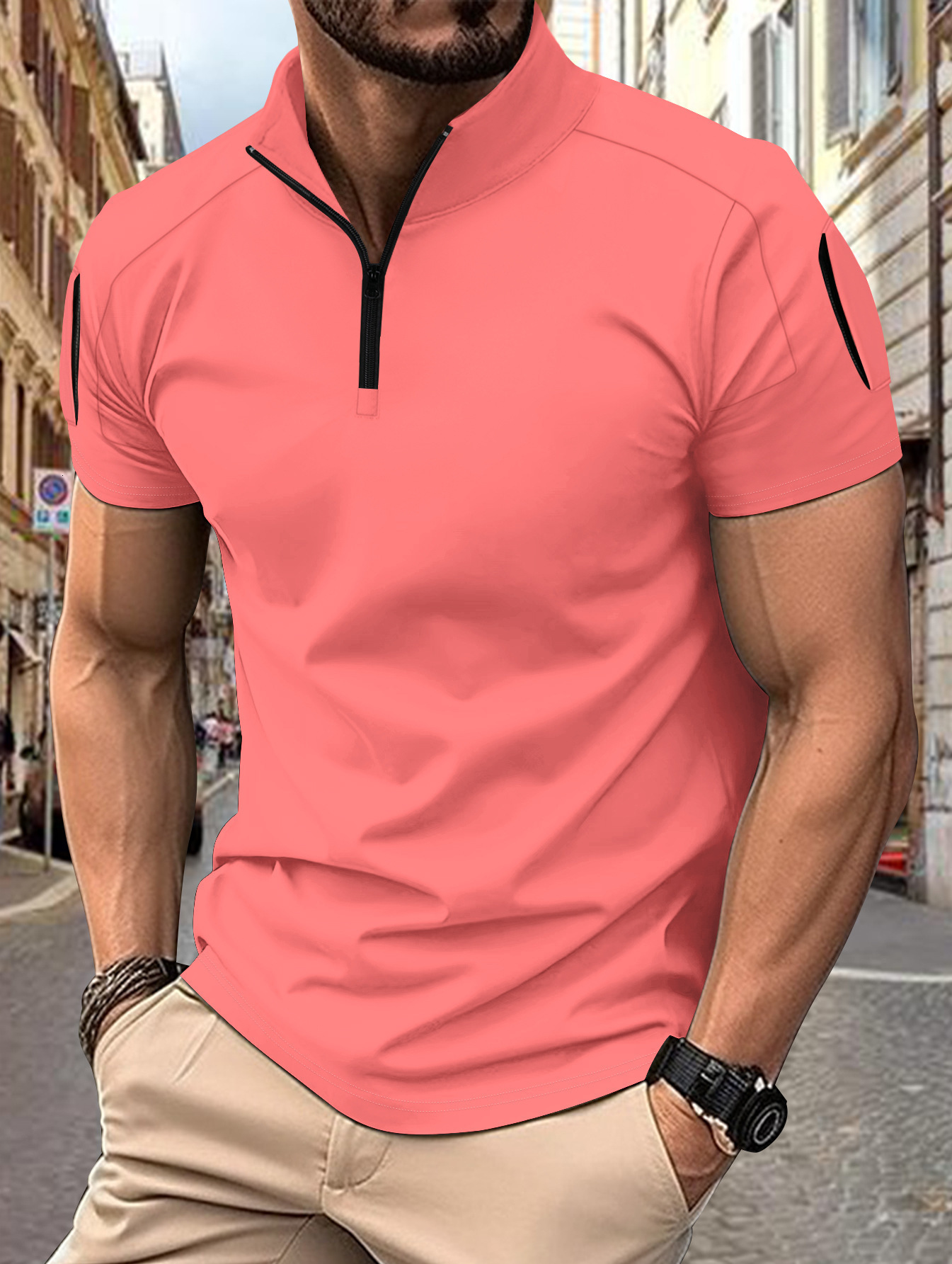 Mens POLO Summer Daily Casual Tactical Training Splicing Arm Pocket Stand up Collar Solid Color Short Sleeve