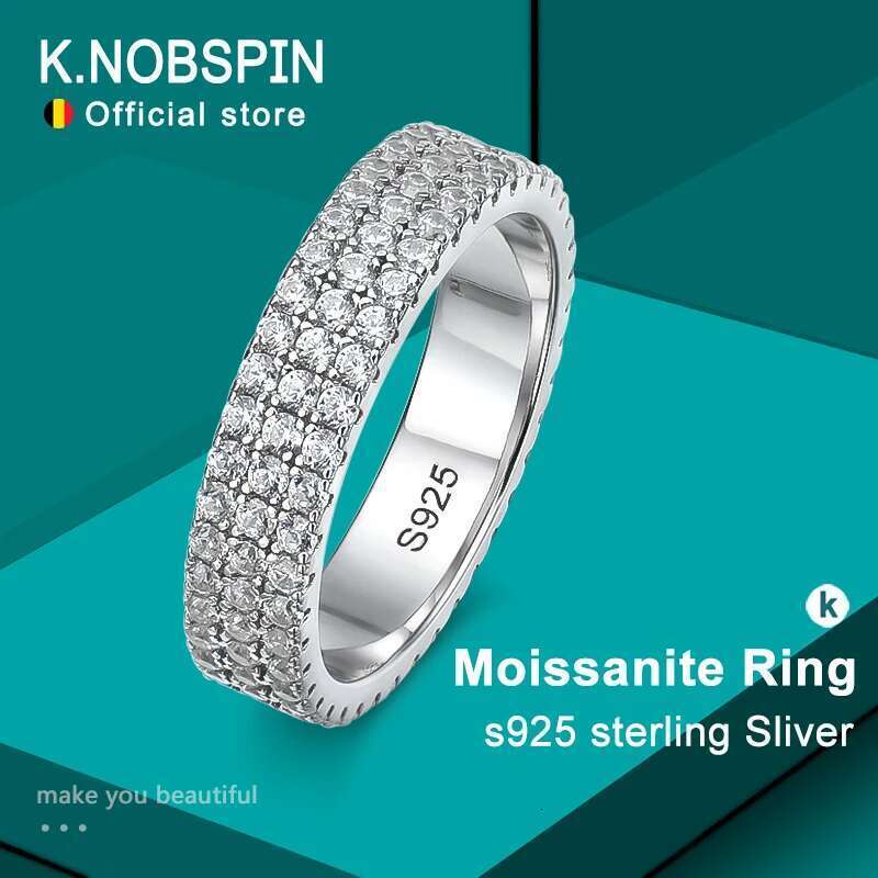 KNOBSPIN Full Moissanite Ring Sterg Sliver Plated Eternity Band Hip Hop Rings For Woman Man Party Sparkg Jewely
