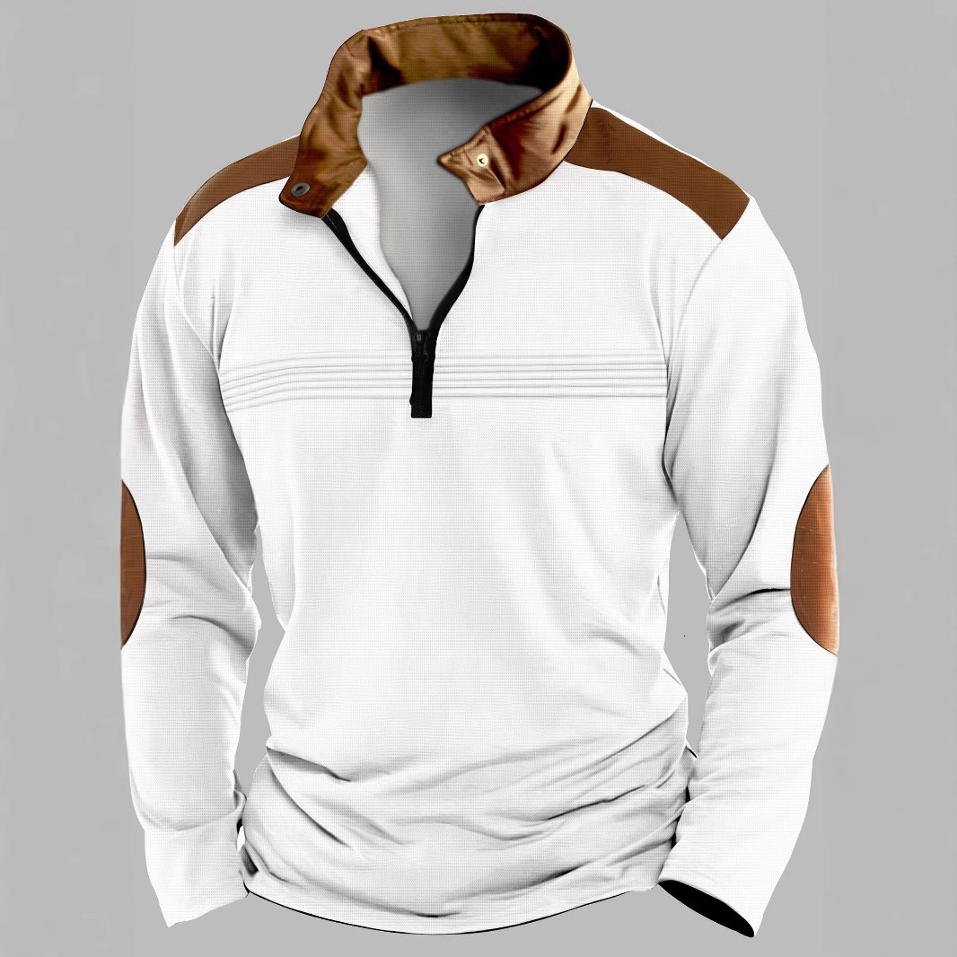 Ins new mens spliced polo shirt zipper long sleeved sports polo shirt