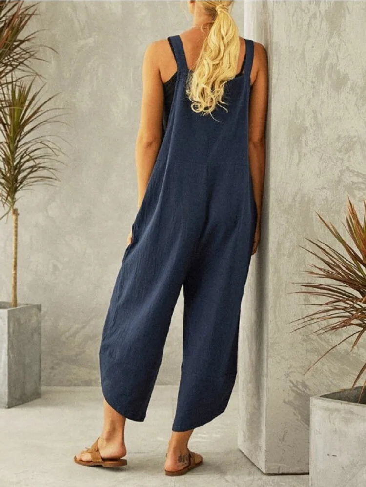 Women Loose Wide Leg Overalls Summer Adjustable Solid Color Cotton Linen Baggy Full Trousers Female Jumpsuits Oversized 250415
