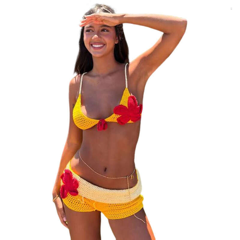 Women's Wear Summer New Women's Sexy Hot Girl Bikini Strap Knitted Color Blocked Open Umbilical Shorts Two Piece Set