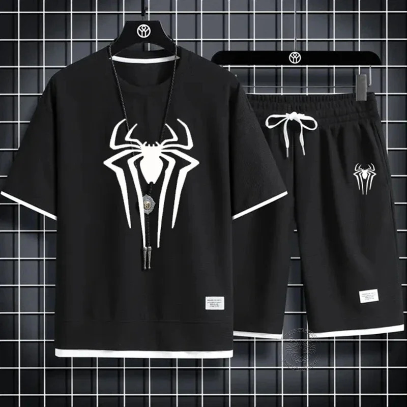 Summer mens spider printed Tshirtshorts set casual twopiece waffle sweatshirt 2024 fashionable and comfortable M3XL 250414Z