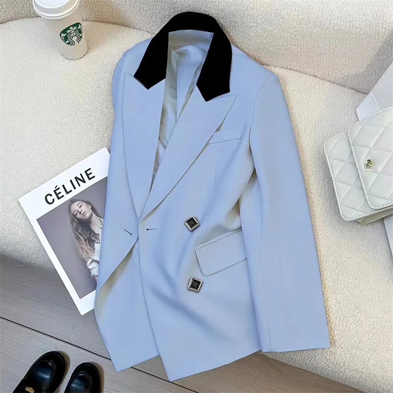 Womens Jacket Spring and Autumn Open Front Long Sleeve Double Chest Metal Button Ultra Thin Pocket Jacket Womens Jacket 250415