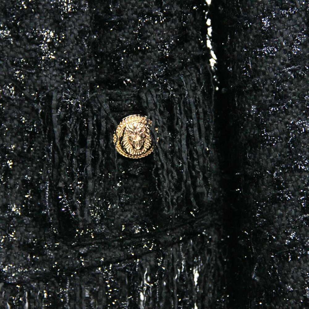 2024 Spring Autumn Black Tweed Edging Cardigans Long Sleeves Collarless Sweater Ladies Gold Buttons Tops Women